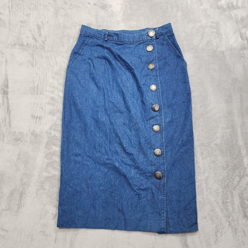 Vintage On The Verge Skirt‎ Womens 14 Blue Denim Pencil Side Button Pockets Midi